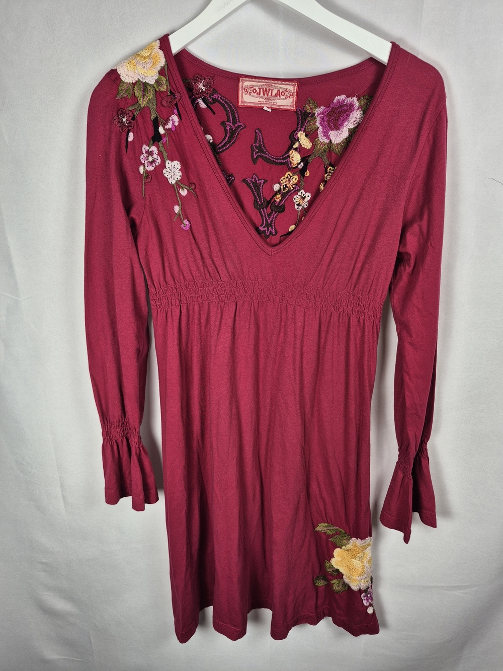Johnny Was Women's Magenta Floral Embroidered V-Neck Tunic Dress Size L